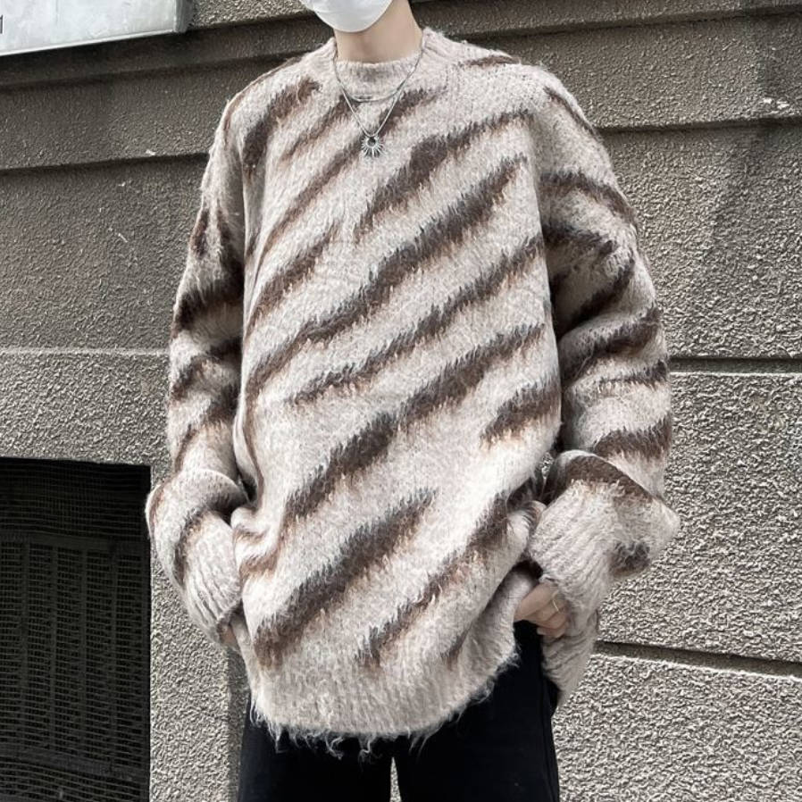 水貂絨條紋毛衣潮牌復古痞帥針織衫