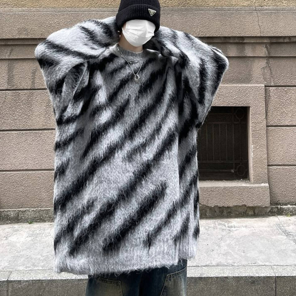 水貂絨條紋毛衣潮牌復古痞帥針織衫