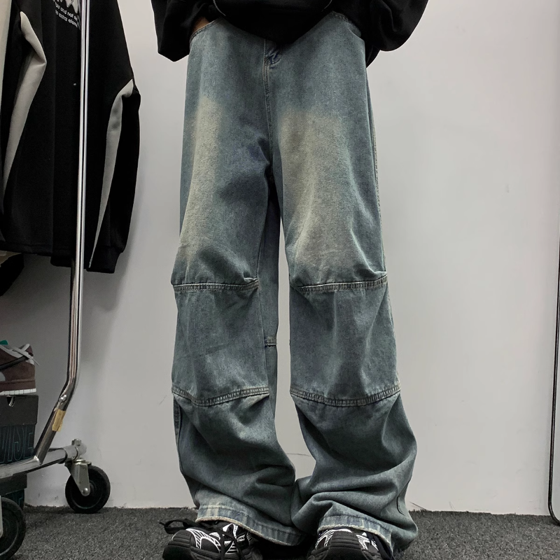 復古直筒水洗做舊拼接闊腿潮牌牛仔褲裝