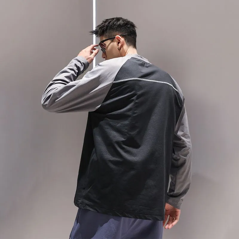 潮牌戶外運動跑步健身薄款帥氣拼接長袖T恤