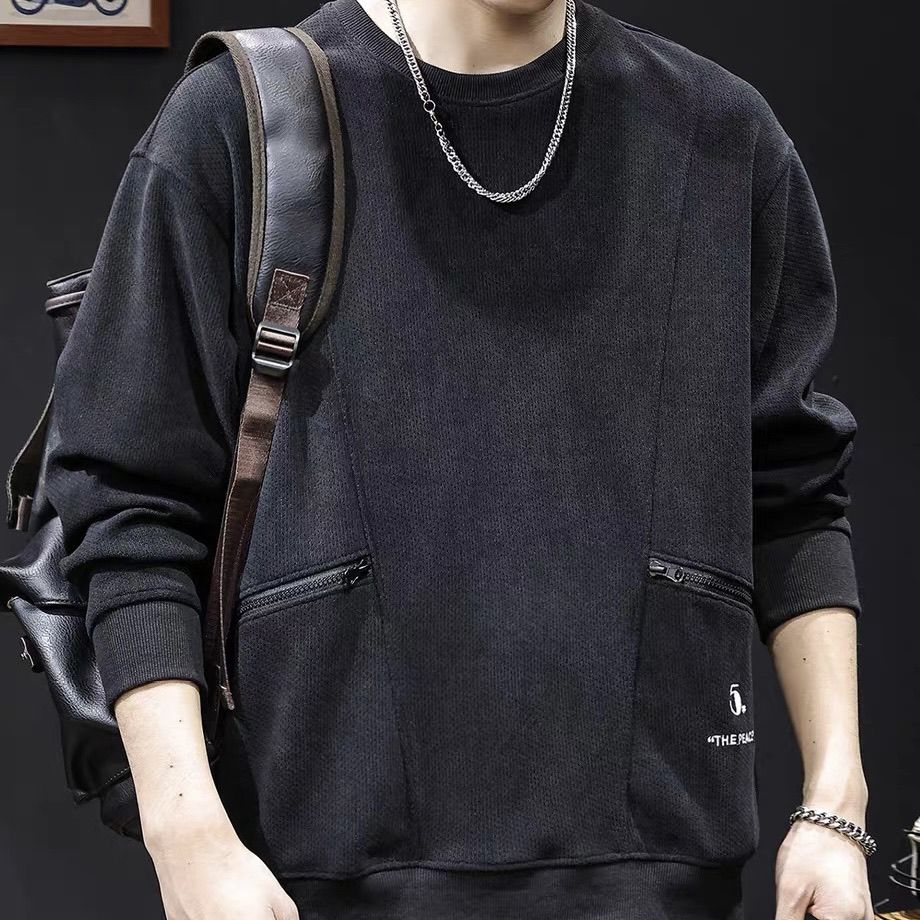 美式工裝拉鍊口袋復古重磅寬鬆圓領長袖T恤