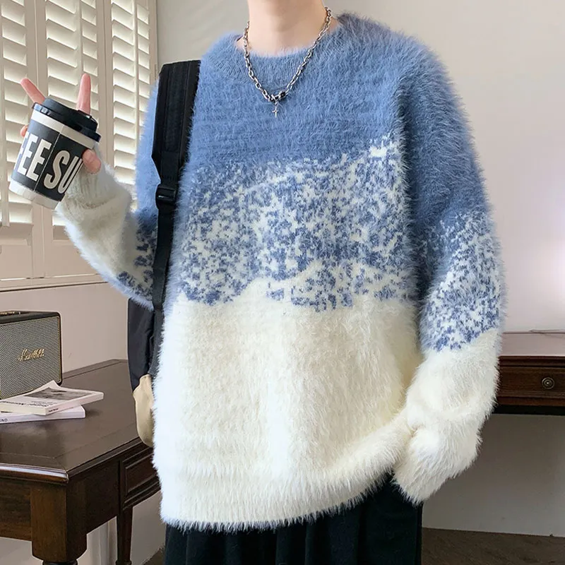 水貂毛衣圓領加厚保暖寬鬆潮流針織衫