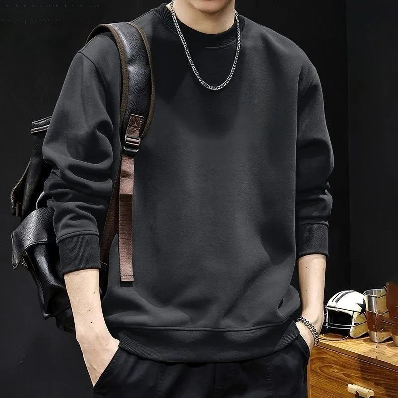 美式潮流圓領寬鬆簡約舒適素色套頭長袖T恤