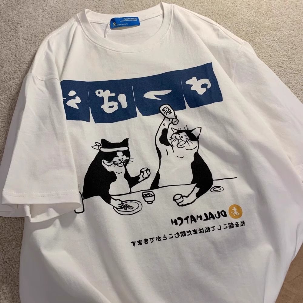 日系復古貪吃貓T恤夏季速乾短袖t恤寬鬆學生上衣服