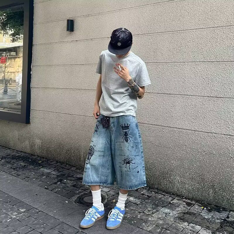 復古美式高街塗鴉男女寬松休閑顯瘦直筒七分牛仔褲