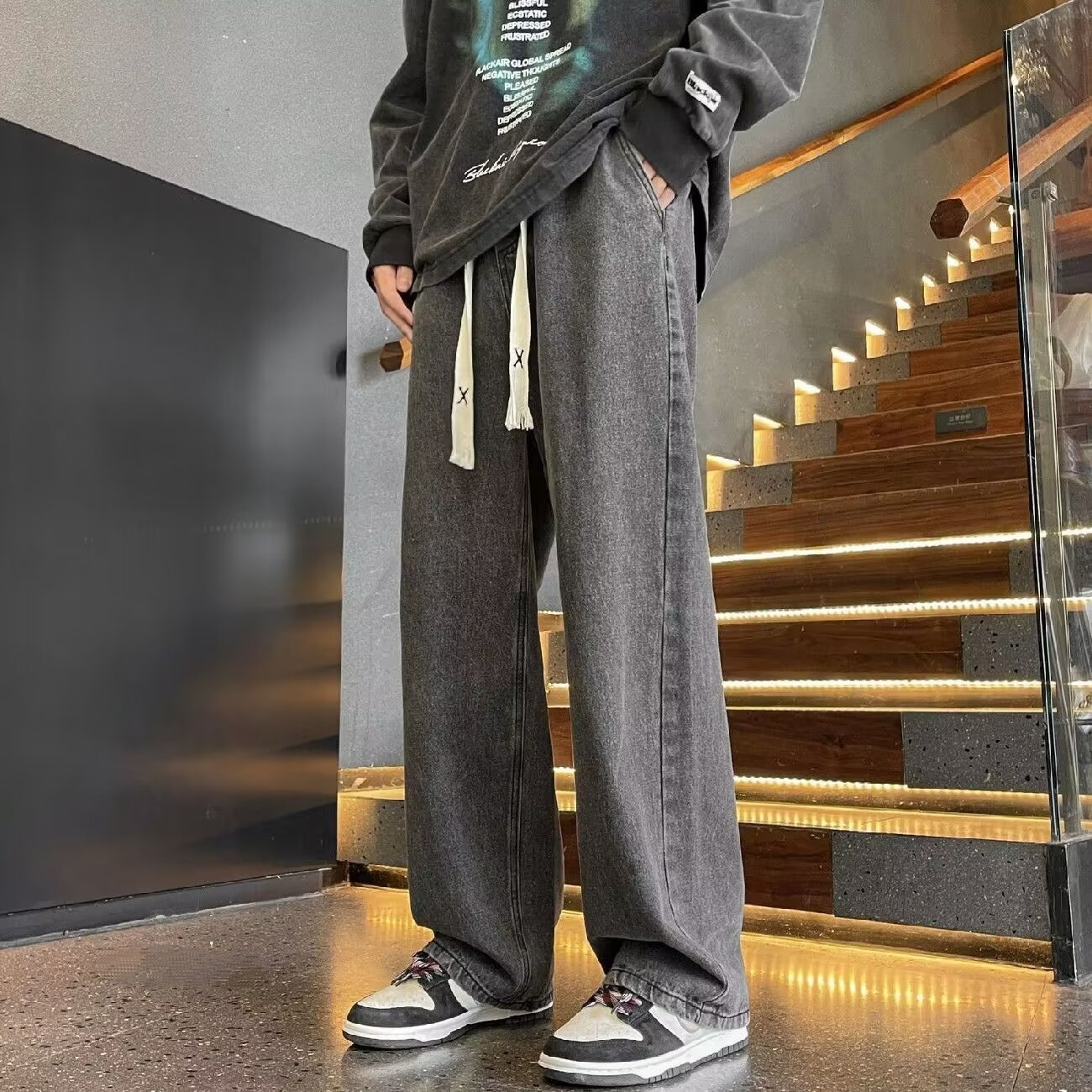 美式復古潮流闊腿褲直筒系帶牛仔褲褲裝