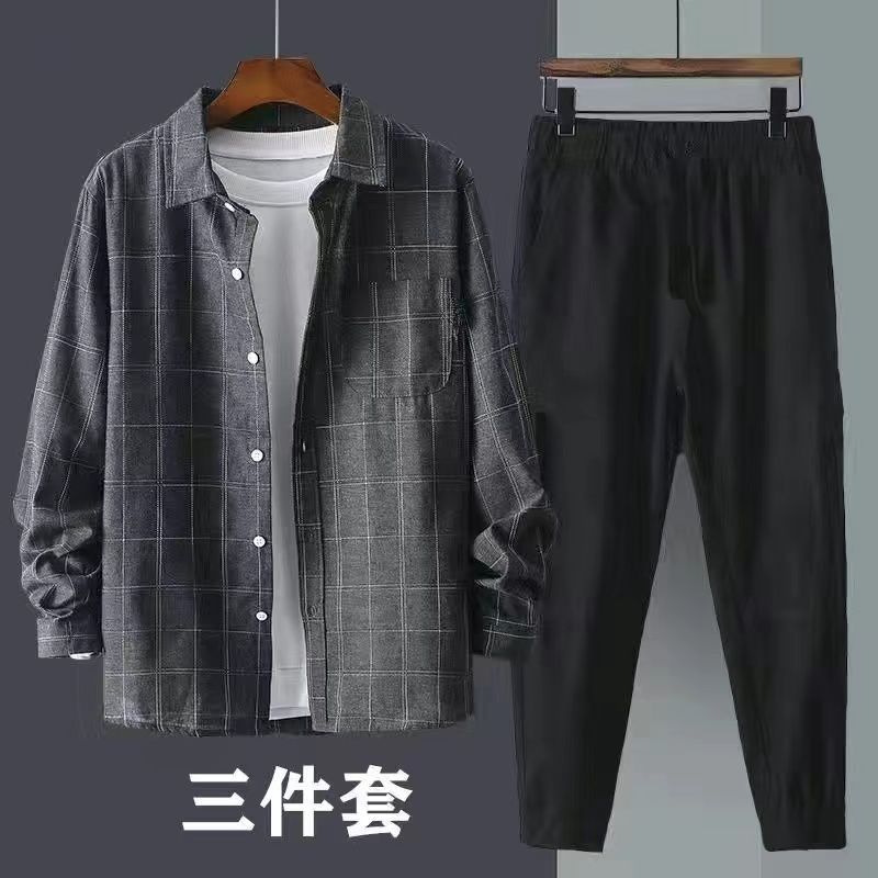 【單件/套裝】帥氣百搭格子襯衫外套+白T恤+寬松休閑九分褲三件套
