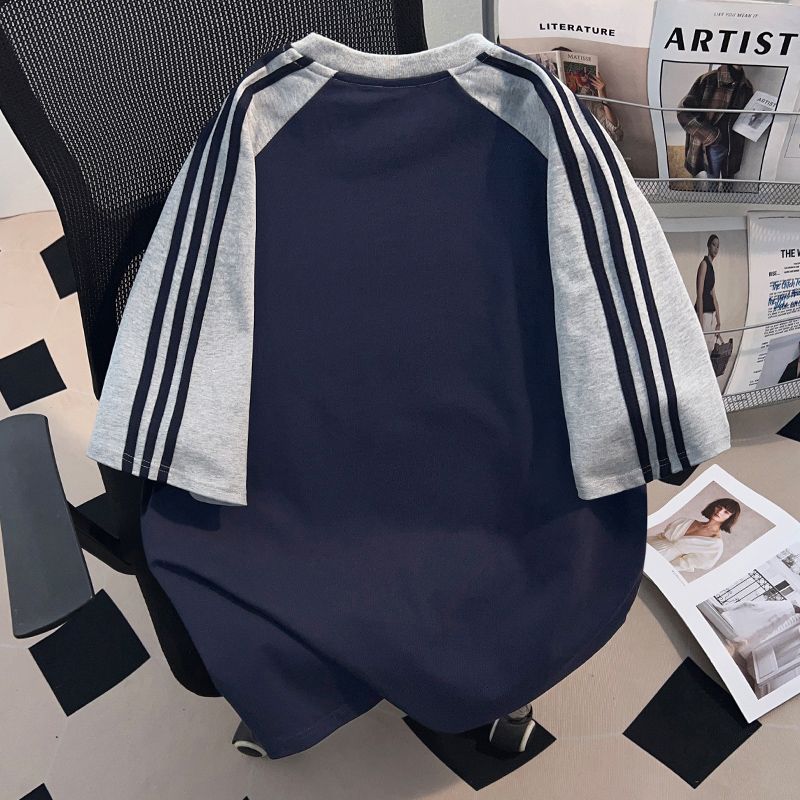 純棉短袖T恤男女夏季美式潮牌字母印花寬鬆三條杠半袖上衣