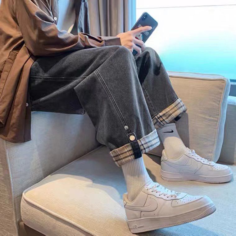 翻邊格子牛仔ins潮直筒九分褲裝