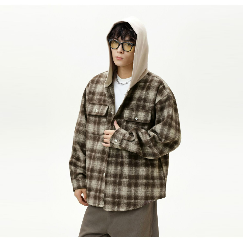 寬鬆復古磨毛格子撞色拼接連帽長袖襯衫外套