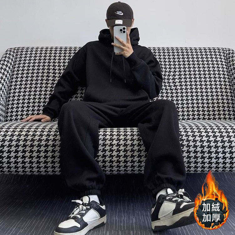 【套裝】簡約高級感街頭長袖衛衣+加絨加厚運動束腳兩件套套裝