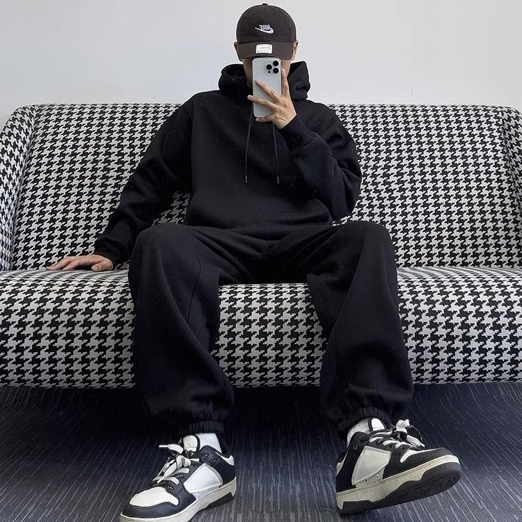 【套裝】簡約高級感街頭長袖衛衣+加絨加厚運動束腳兩件套套裝