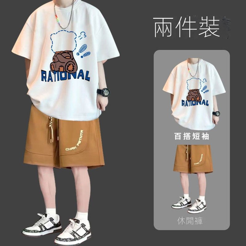 【單件/套裝】休閒百搭潮流寬鬆印花短袖T恤+短褲兩件套裝