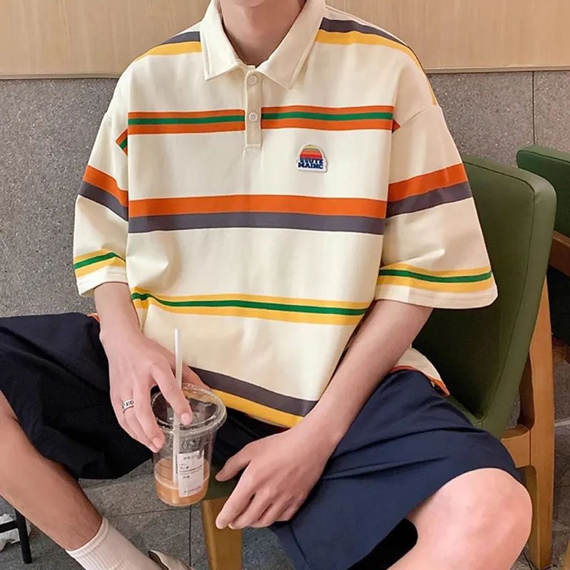 男女寬鬆撞色ins復古條紋polo衫短袖