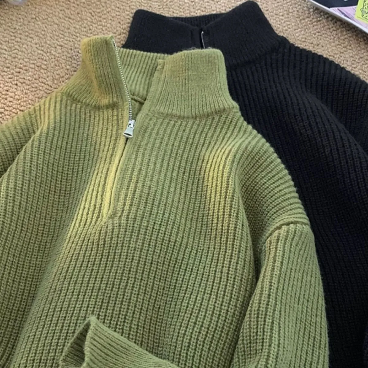 半拉鍊高領素色韓系慵懶風百搭休閒針織毛衣