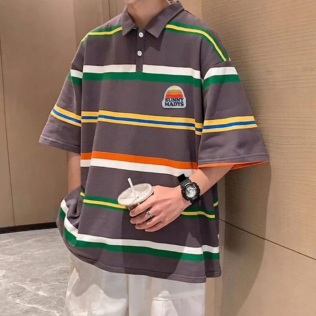 男女寬鬆撞色ins復古條紋polo衫短袖