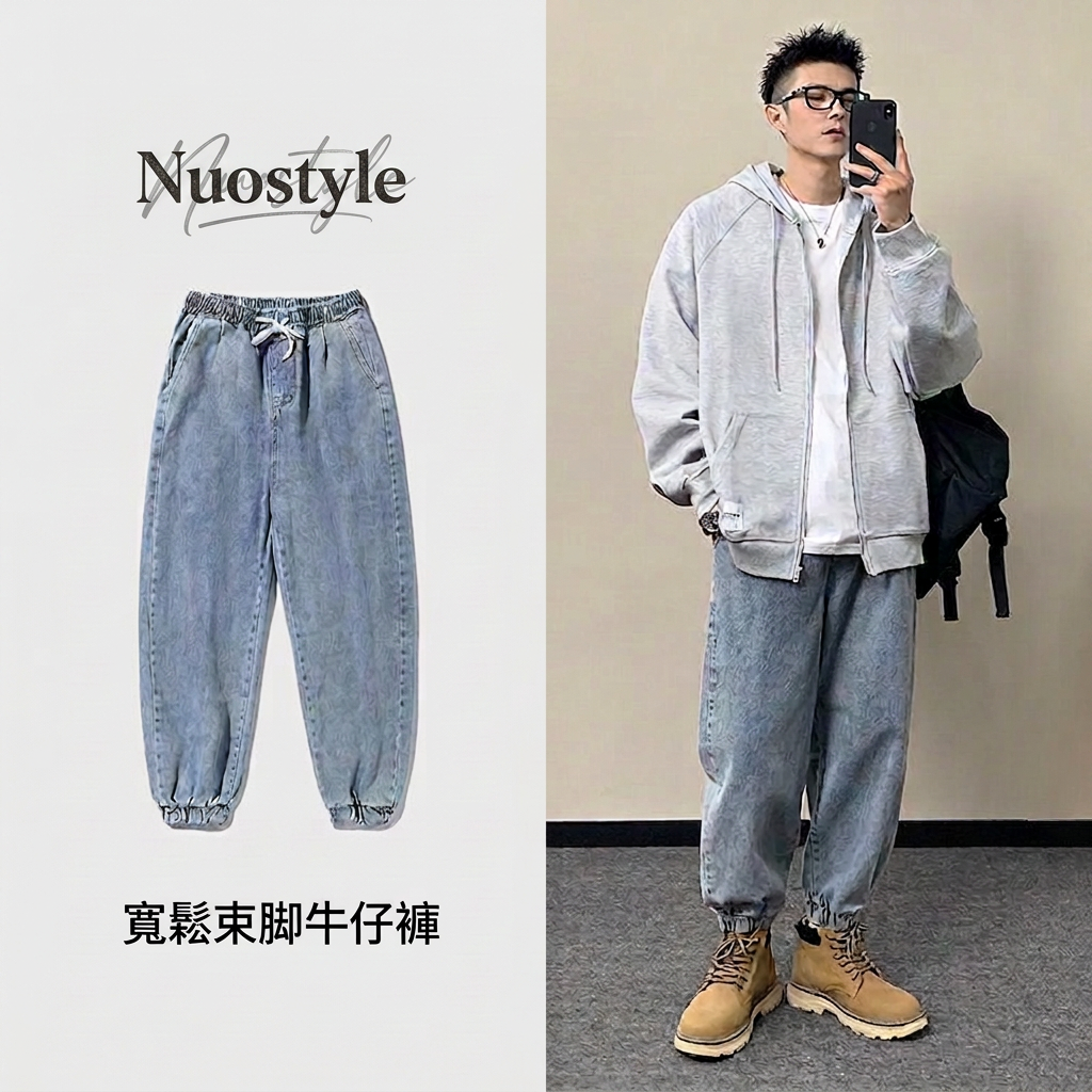 韓版大碼闊腿休閒寬鬆束腳工裝牛仔褲