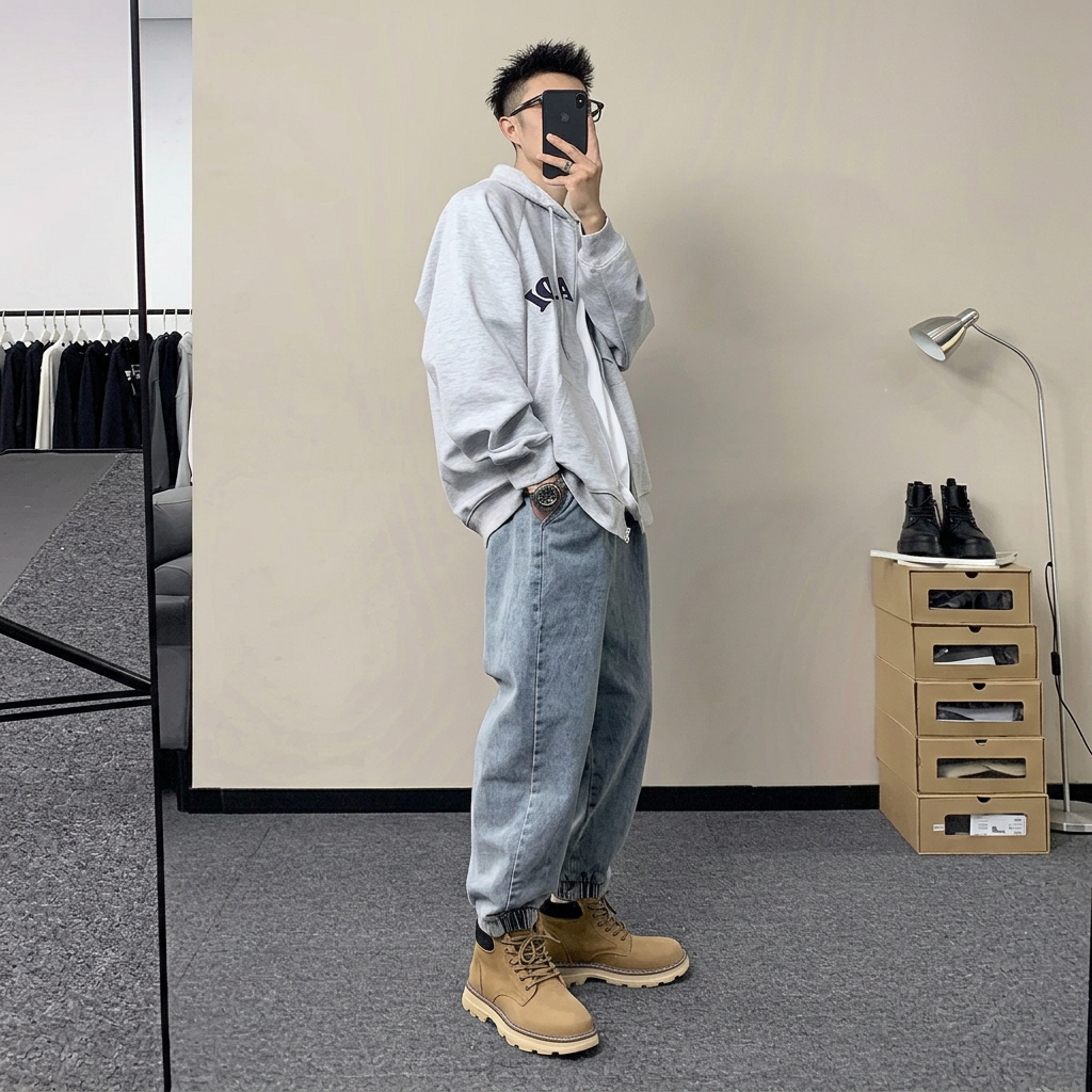 韓版大碼闊腿休閒寬鬆束腳工裝牛仔褲
