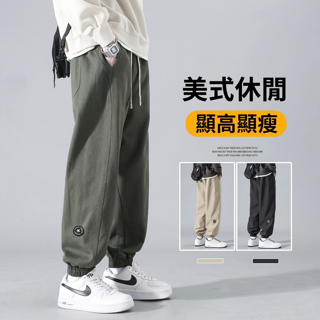 高街寬松休閑美式刺繡耐磨痞帥束腳工裝褲