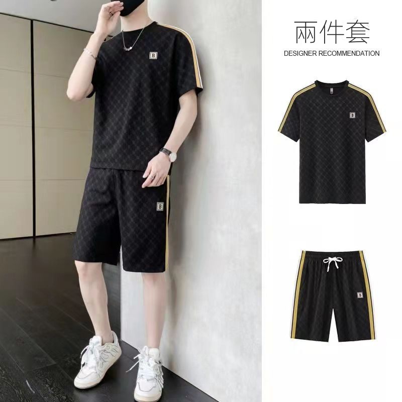 【整套】休閑薄款冰絲帥氣短袖T恤+運動短褲兩件套裝