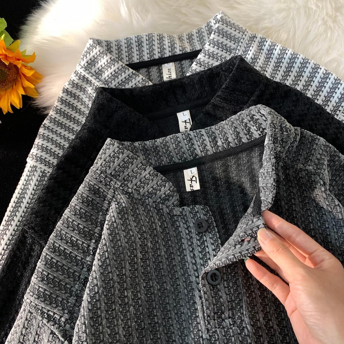 亨利領魚骨紋紐扣黑白條紋拼色打底衫長袖衛衣