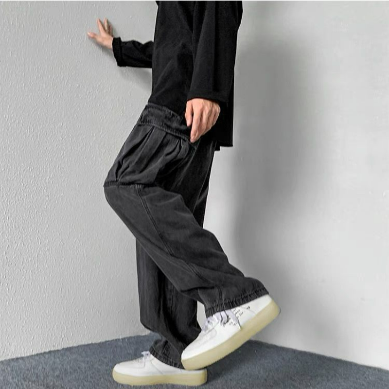 韓版潮流寬鬆直筒慵懶水洗闊腿工裝牛仔褲