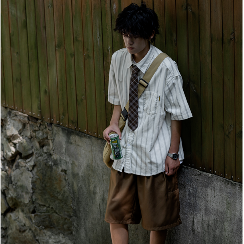 【整套】日系復古條紋五分袖襯衫+領帶+寬松休閑褲三件套