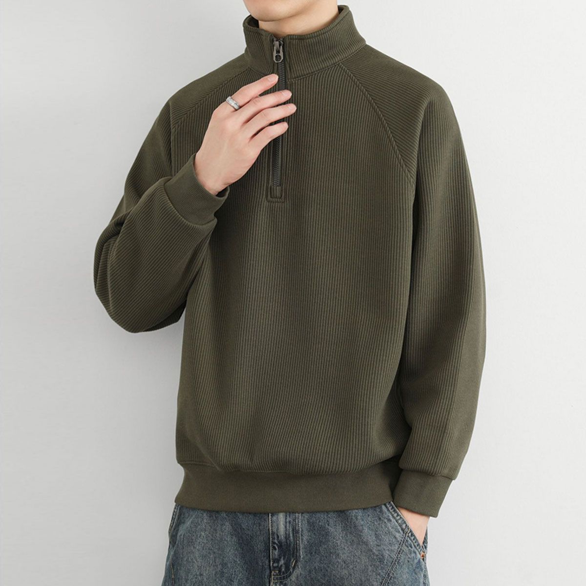 美式寬鬆帥氣百搭打底休閒半拉鍊立領長袖T恤