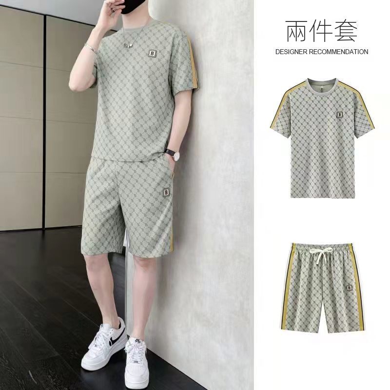 【整套】休閑薄款冰絲帥氣短袖T恤+運動短褲兩件套裝