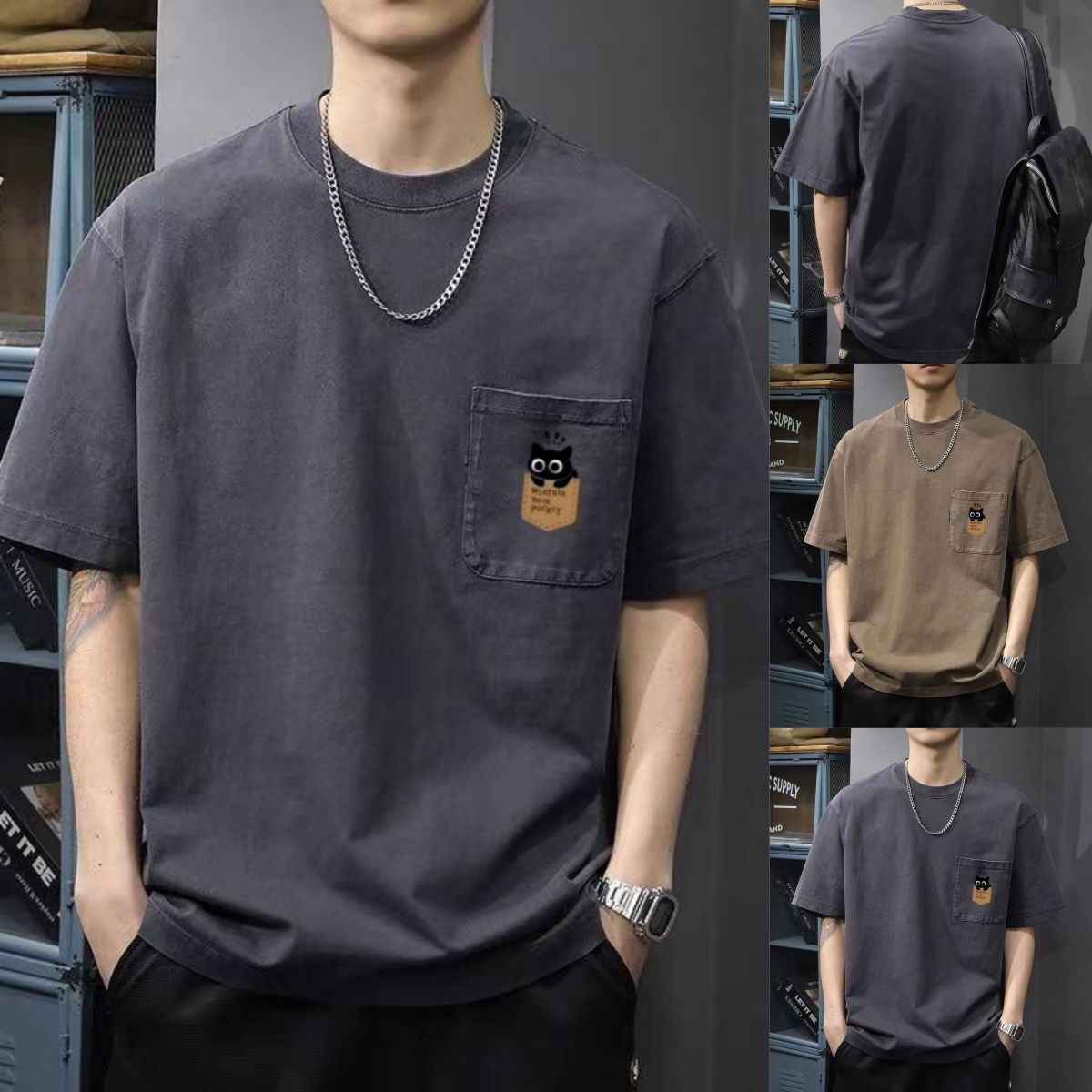 美式復古寬鬆圓領休閒口袋短袖T恤