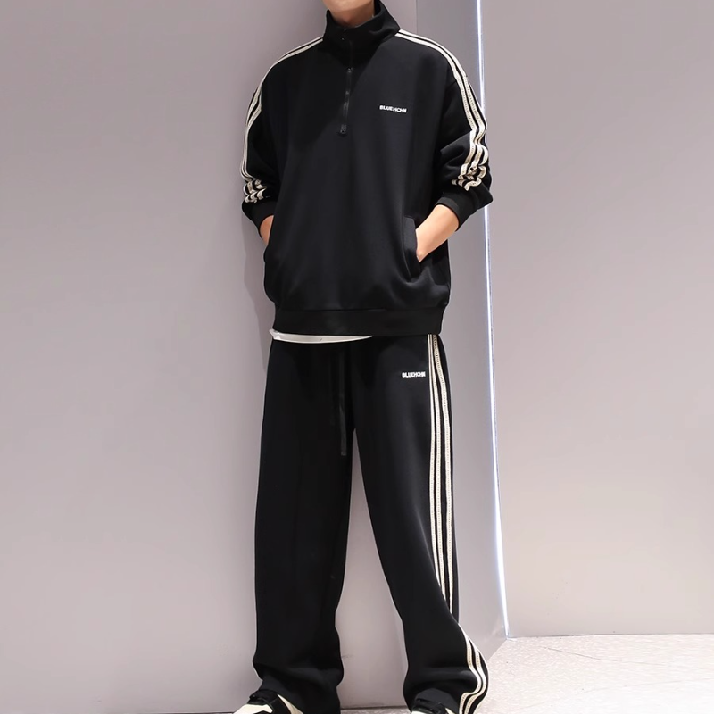 【單件/套裝】運動潮牌半拉鍊套頭衛衣+休閒闊腿直筒褲褲裝兩件套套裝