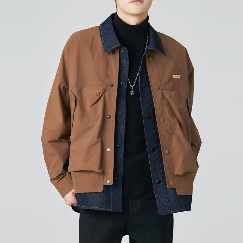 假兩件設計感潮牌寬鬆翻領夾棉夾克外套