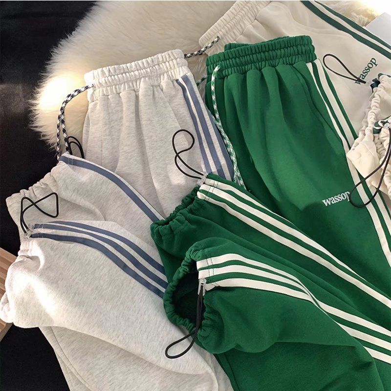 潮流束腳寬鬆百搭闊腿三條桿條紋運動休閒褲