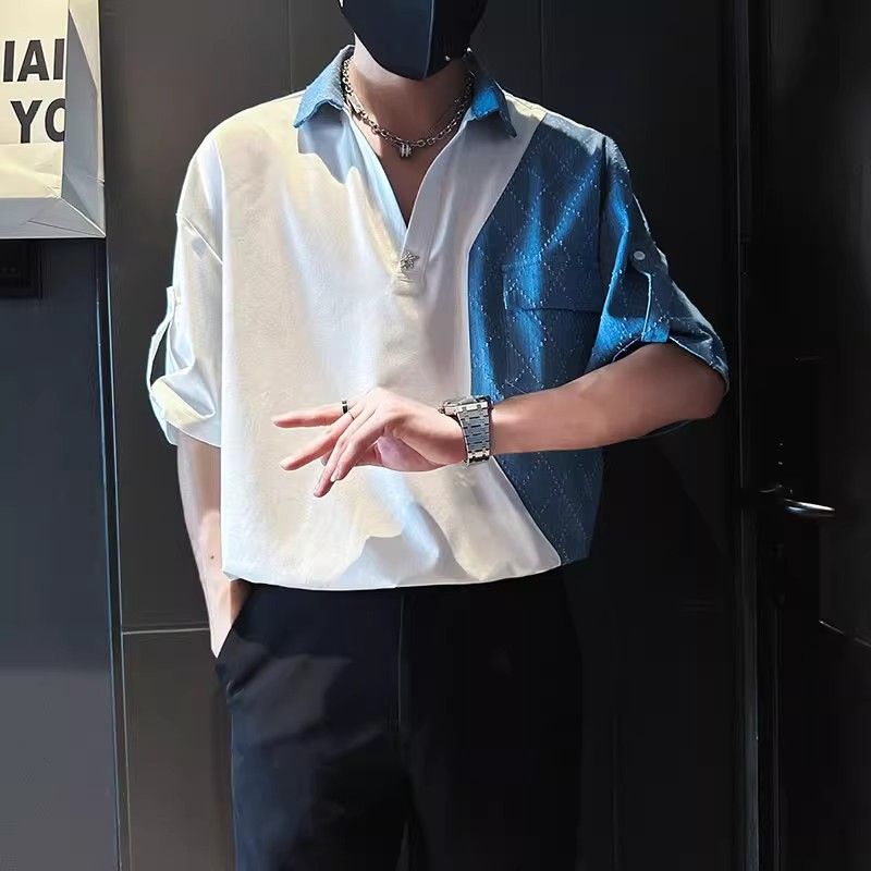 痞帥男士半袖爆款襯衫潮流時尚穿搭男裝短袖夏季牛仔拼接上衣男款