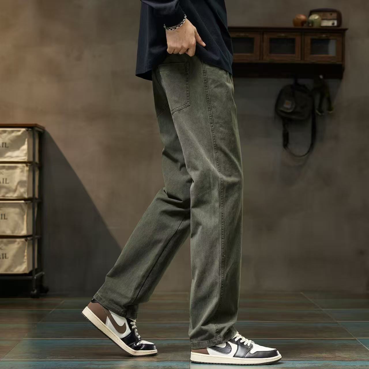 潮牌寬鬆直筒松緊腰百搭休閒運動工裝褲