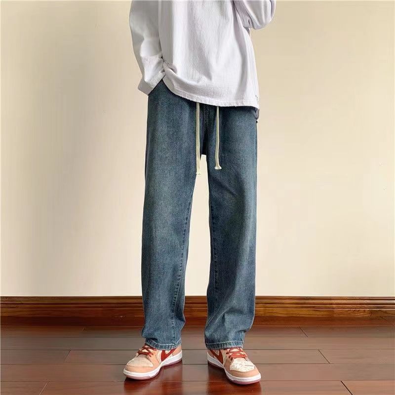 直筒鬆緊腰牛仔潮牌闊腿高街褲裝