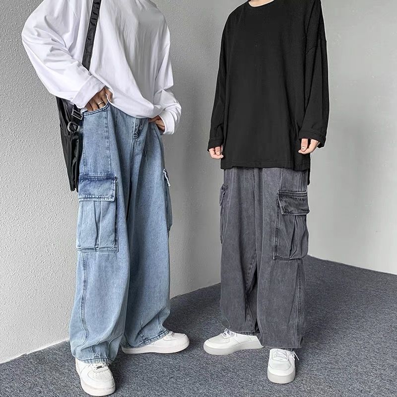 韓版潮流寬鬆直筒慵懶水洗闊腿工裝牛仔褲