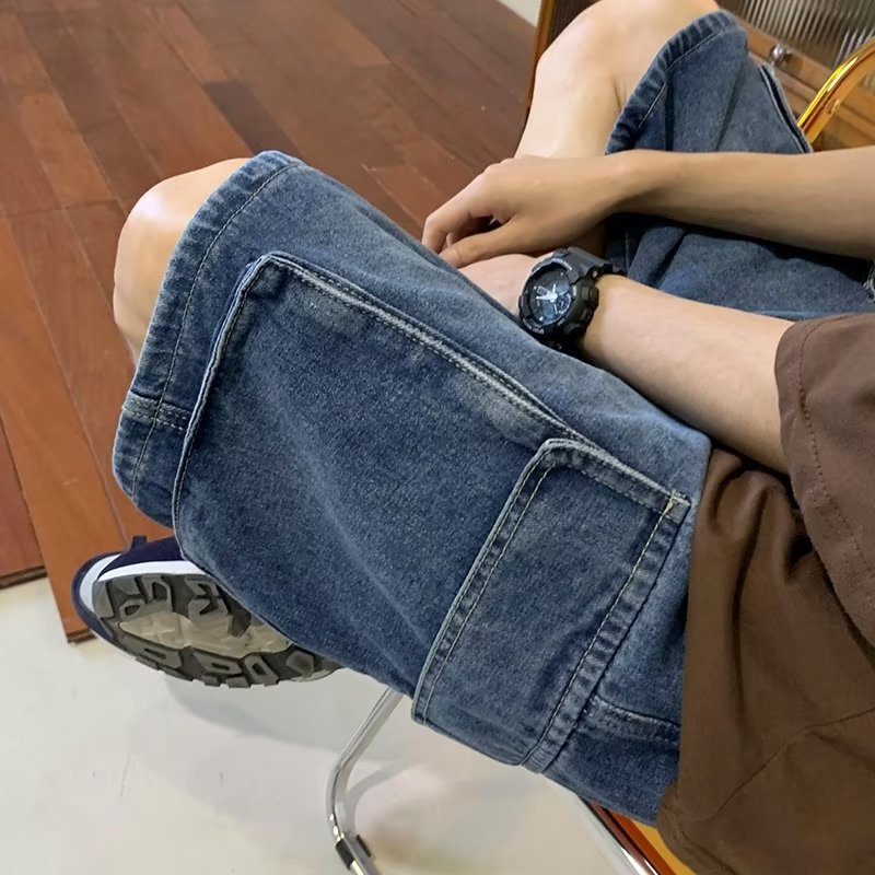 日系cityboy復古寬鬆休閒多口袋牛仔五分短褲