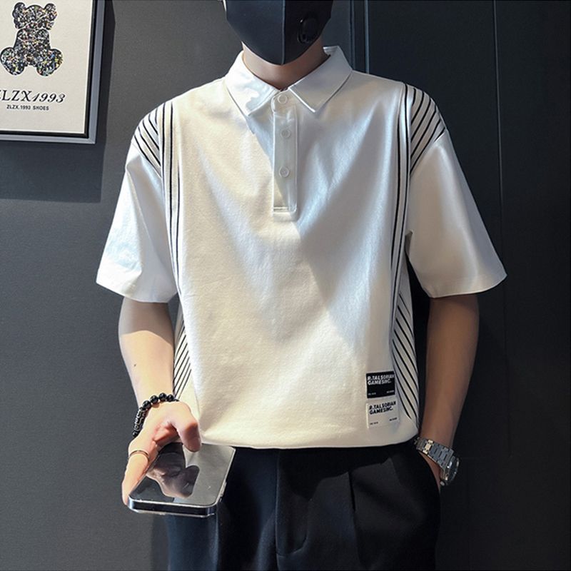潮流設計感拼接條紋翻領polo衫短袖