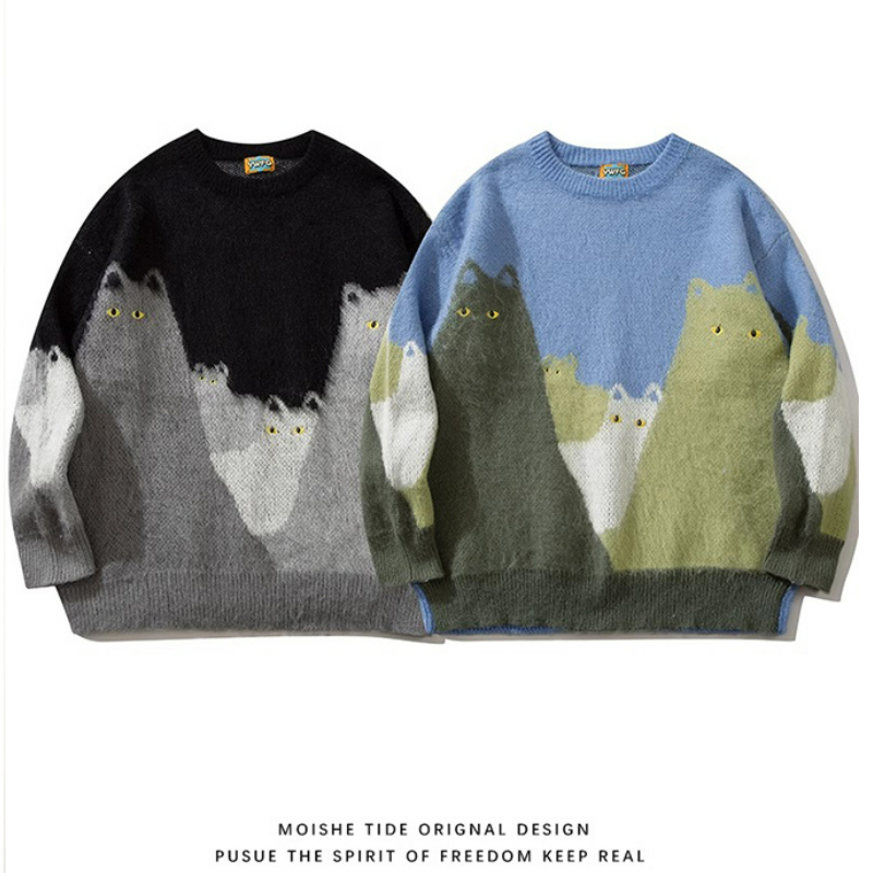 卡通貓咪毛衣提花撞色慵懶風百搭情侶針織衫