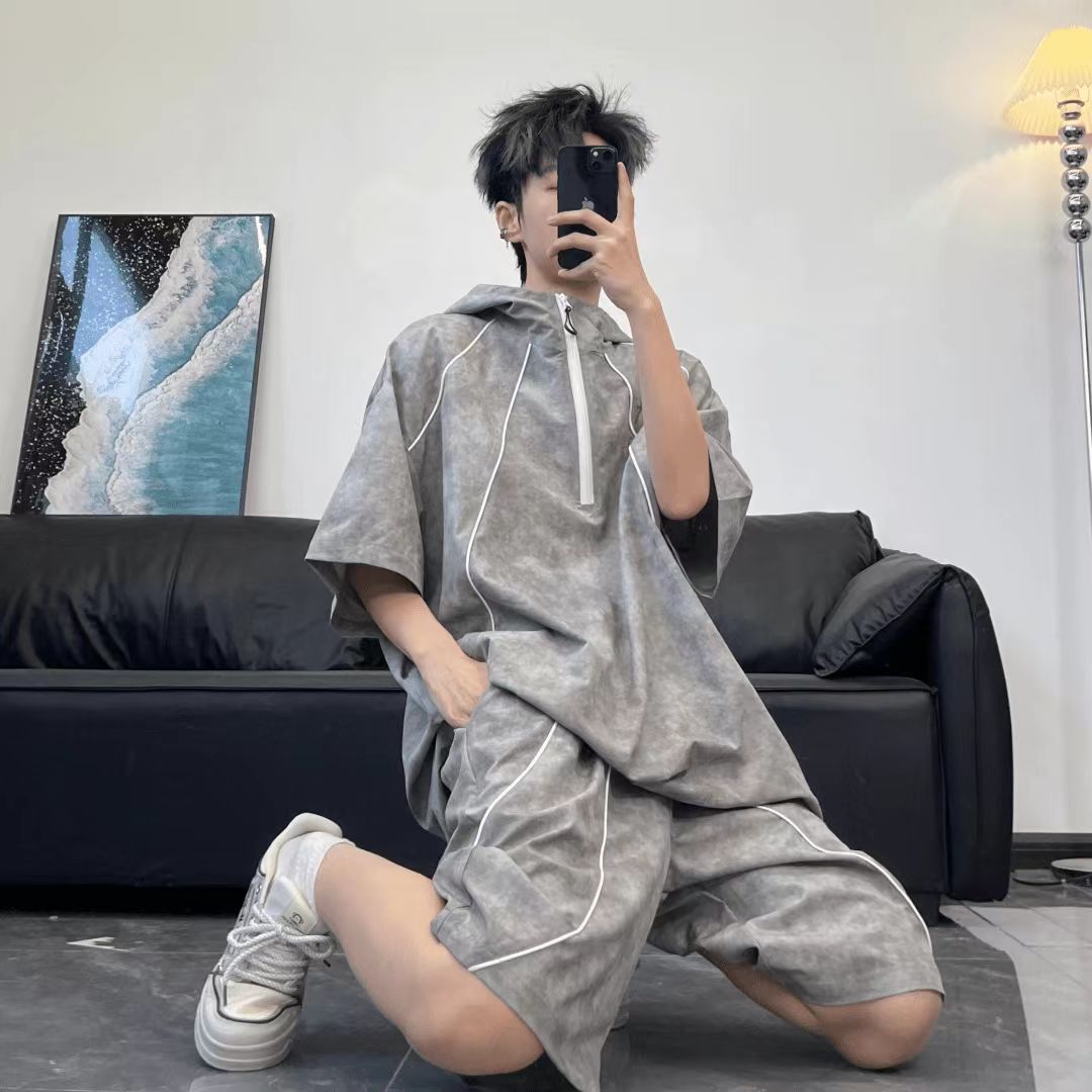 【套裝】美式復古扎染男女連帽半拉鍊短袖+運動休閒短褲兩件套