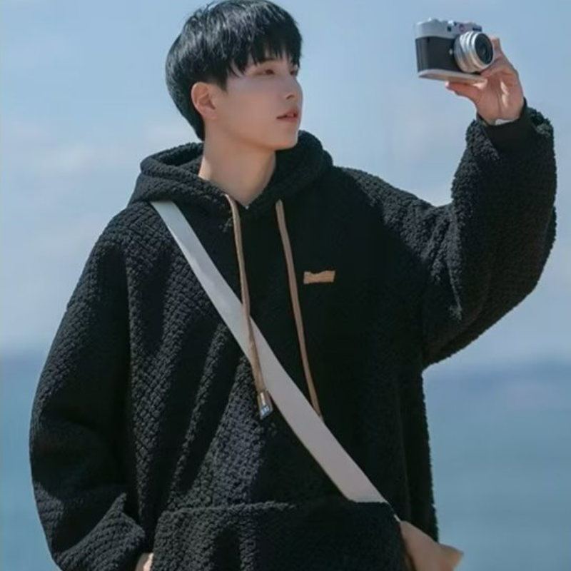 潮牌港風重磅寬鬆刷毛加厚保暖羊羔毛連帽衫