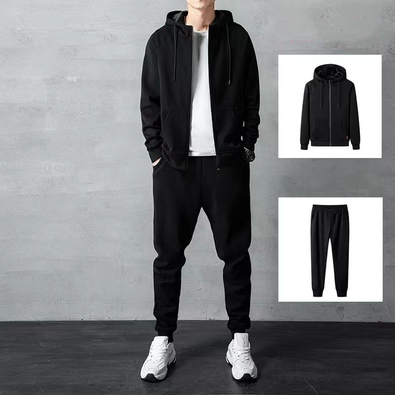 【套裝】簡約連帽長袖拉鍊夾克+休閒束腳運動褲裝兩件套套裝