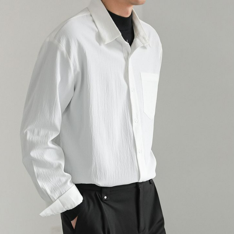 輕熟韓風潮流帥氣寬鬆休閒皺紋垂感長袖襯衫