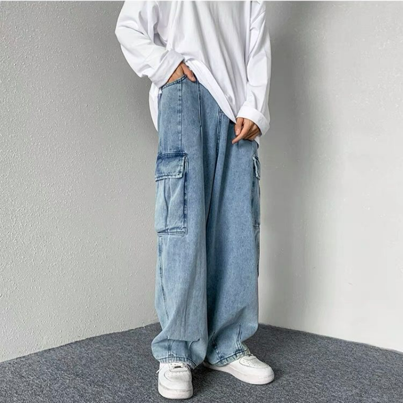 韓版潮流寬鬆直筒慵懶水洗闊腿工裝牛仔褲