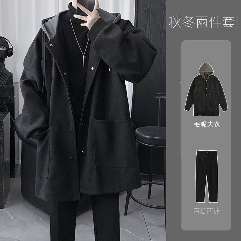 【單件/套裝】中長款夾棉連帽毛呢外套+黑色高領毛衣+加絨百搭西褲三件套裝