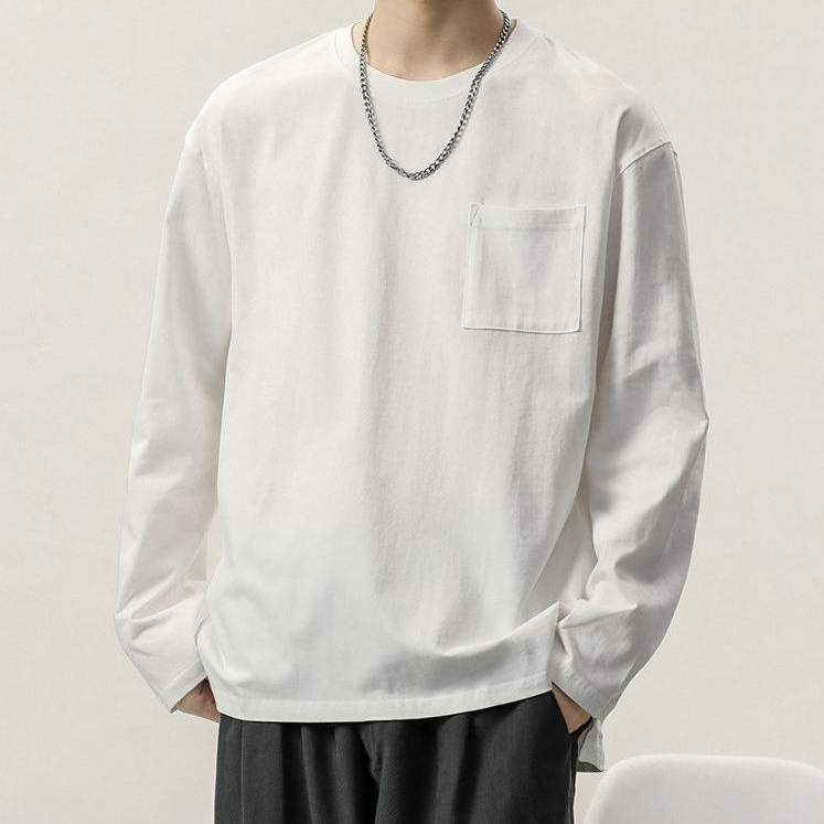 日系簡約寬鬆胸口袋休閒百搭重磅純棉打底衫長袖T恤