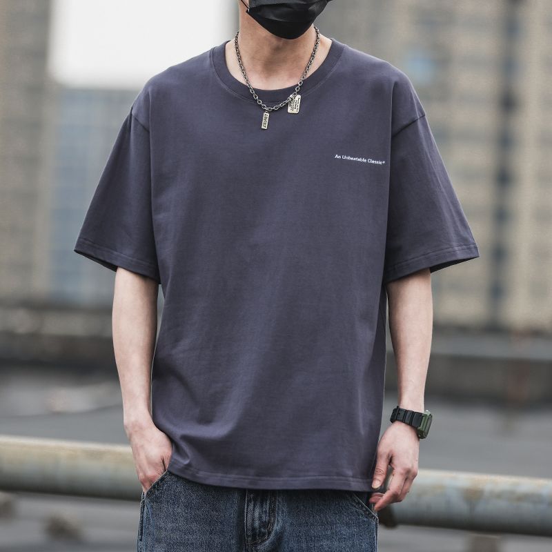 重磅棉美式復古字母印花圓領男士t恤夏季寬鬆潮流百搭半截袖體恤