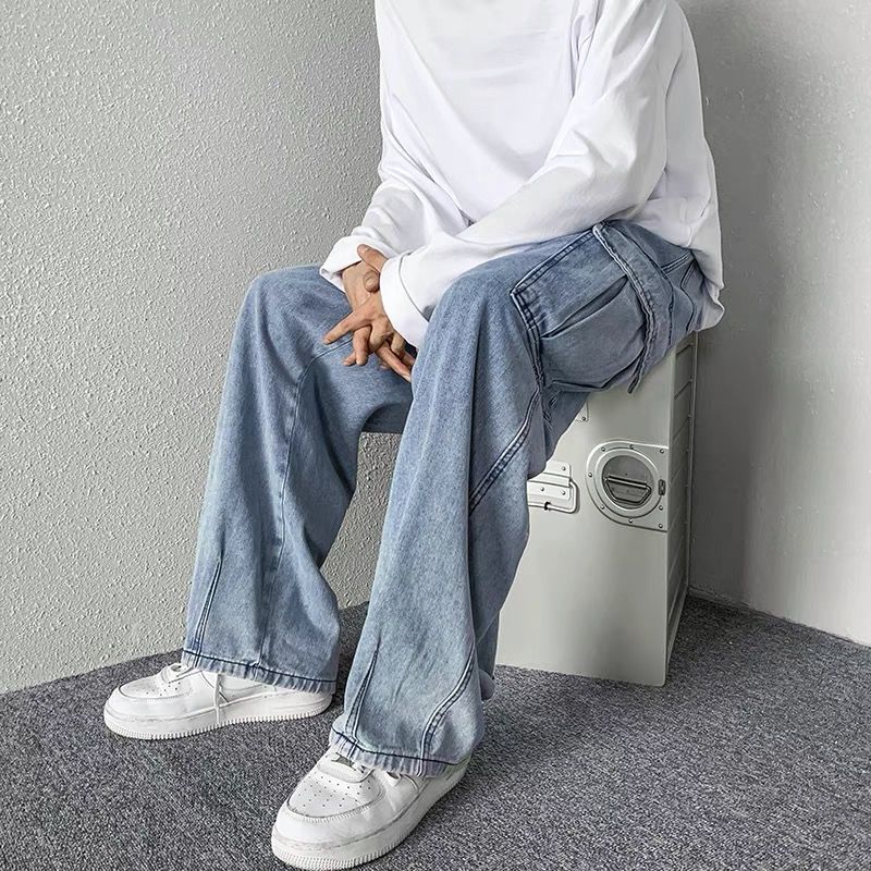 韓版潮流寬鬆直筒慵懶水洗闊腿工裝牛仔褲