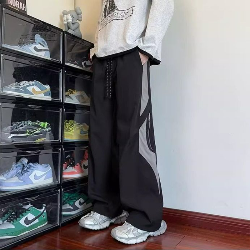 美式高街拼接撞色工裝寬鬆直筒百搭潮流運動褲